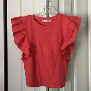 Zara Ruffled Ribbed Shirt in coral